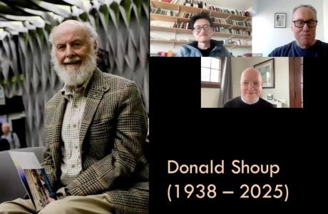 Portrait of Donald Shoup on the left with a screen capture of the 3 panelists (host of MIT Mobility Forum, Brian Taylor, and author Daniel Heiss) during their panel discussion on recent episode of the MIT Mobility Forum.