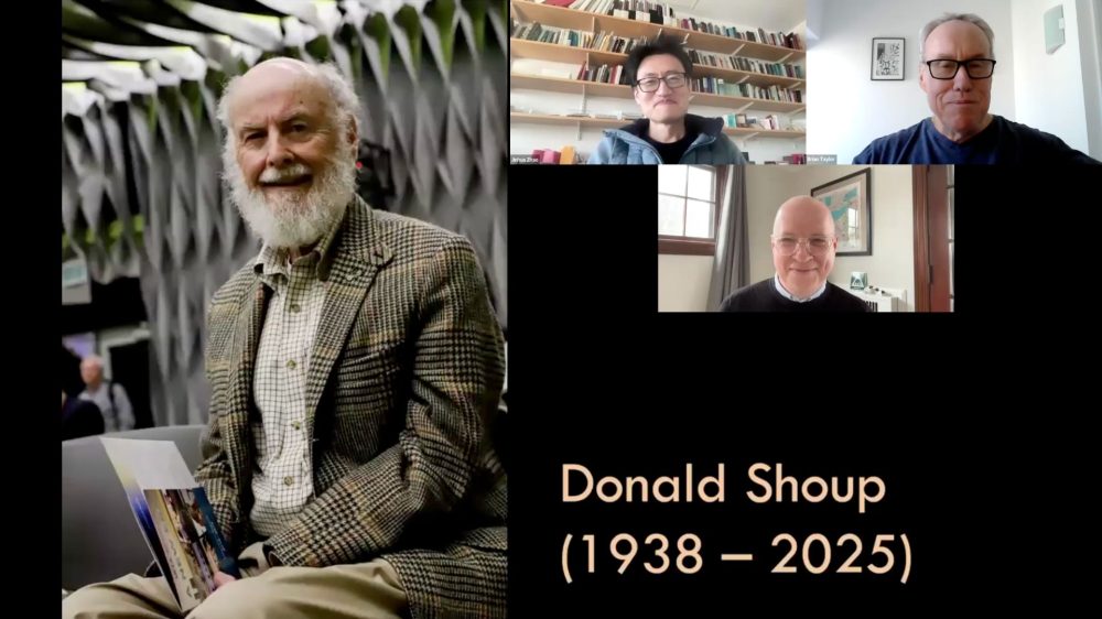 Portrait of Donald Shoup on the left with a screen capture of the 3 panelists (host of MIT Mobility Forum, Brian Taylor, and author Daniel Heiss) during their panel discussion on recent episode of the MIT Mobility Forum.