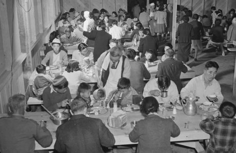 Incarcerated Japanese Americans in dining hall during World War II