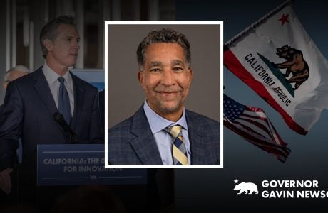 Darkened photo of Governor Gavin Newsom on the left and another darkened photo of the flags of California and United States of America on the right, overlay by a headshot of Michael Stoll in the center.|Meeting to discuss budgets.
