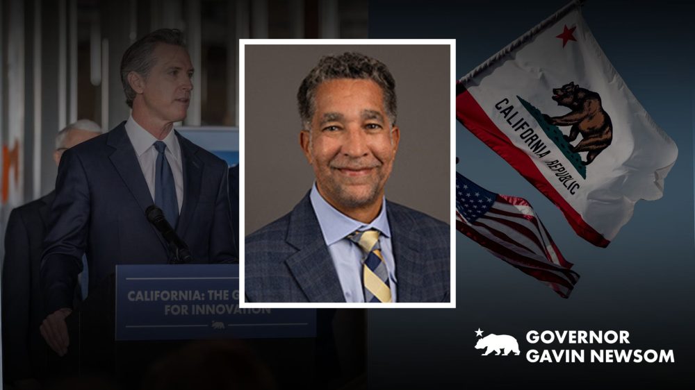 Darkened photo of Governor Gavin Newsom on the left and another darkened photo of the flags of California and United States of America on the right, overlay by a headshot of Michael Stoll in the center.|Meeting to discuss budgets.