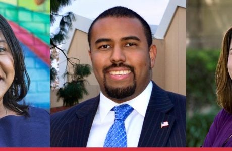 From left, winners of local elections in the 2018 midterms are Regina Wallace-Jones MPP '99, Nelson Esparza MPP '15, and Jacque Casillas MPP '14.