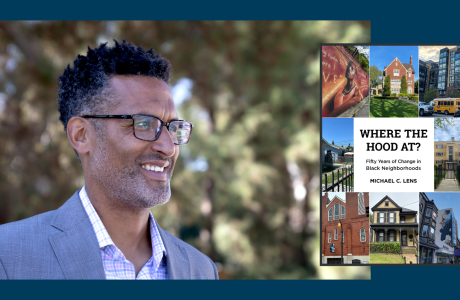 headshot of man with glasses next to cover of book
