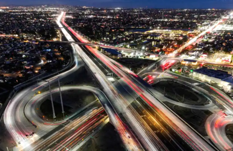 overhead view of freeway interchange at night