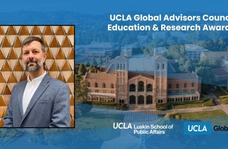 Headshot of Paavo on left with an aerial shot of campus with the words "UCLA Global Awards" on the top right.