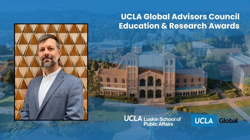 Headshot of Paavo on left with an aerial shot of campus with the words "UCLA Global Awards" on the top right.