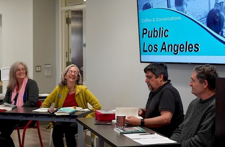 From left, Elizabeth Blaney, Judy Branfman, Leonardo Vilchis and Greg Goldin talk about the past and future of L.A. public housing. Photo by Claudia Bustamante