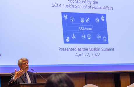 Zev Yaroslavsky gestures in front of project screen showing opening slide at Luskin Summit event||||chart shows info also found in story|photo of Luskin Summit closing day speakers|Two men, Phil Brock and Zev Yaroslavsky, chat|Zev Yaroslavsky listens as Phillip Palmer asks a question|News anchor Phillip Palmer of ABC7 gestures at UCLA event|Zev Yaroslavsky smiles during UCLA event|Dean Gary Segura at podium welcomes attendees