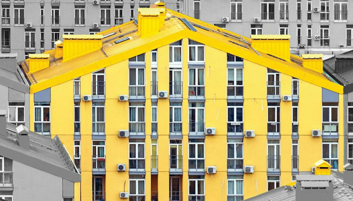 Pictures shows a cluster of buildings with one of them painted yellow, making it stand out