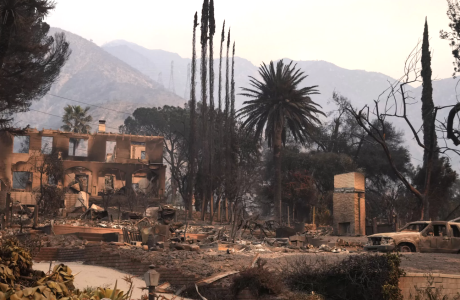 burned-out structure near mountains