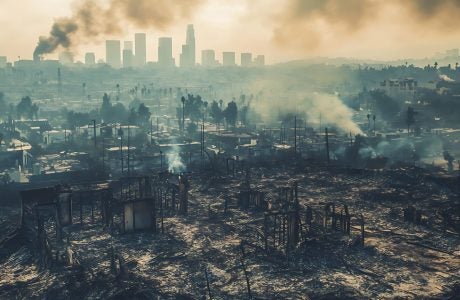 Photo of burned up homes and smoke billowing in the distance with city landscape in the background.|View of the eaton fire from koreatown, los angeles