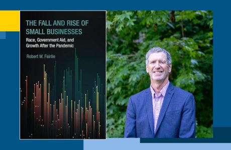 Headshot of Robert Fairlie with cover of his new book the Fall and Rise of Small Businesses.