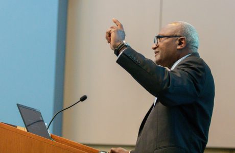 African American Robert Bullard gestures during a talk at UCLA