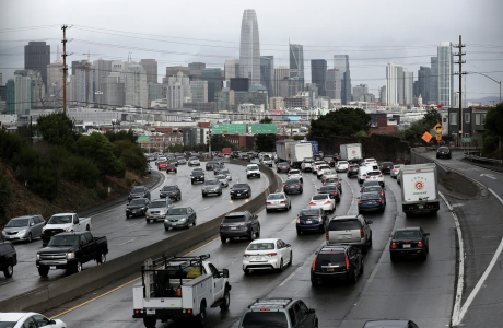 Congested freeway heading into city