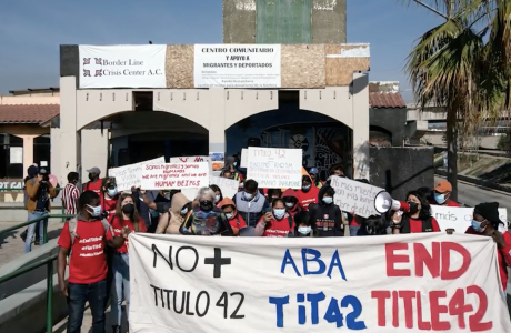 Protesters march with a banner that says "End Title 42"|Women and children migrants rest on bunk beds in a dormitory of the Good Samaritan shelter in Juarez, Mexico
