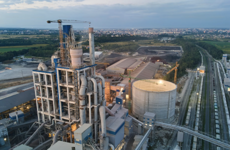 Aerial shot of a refinery in the evening