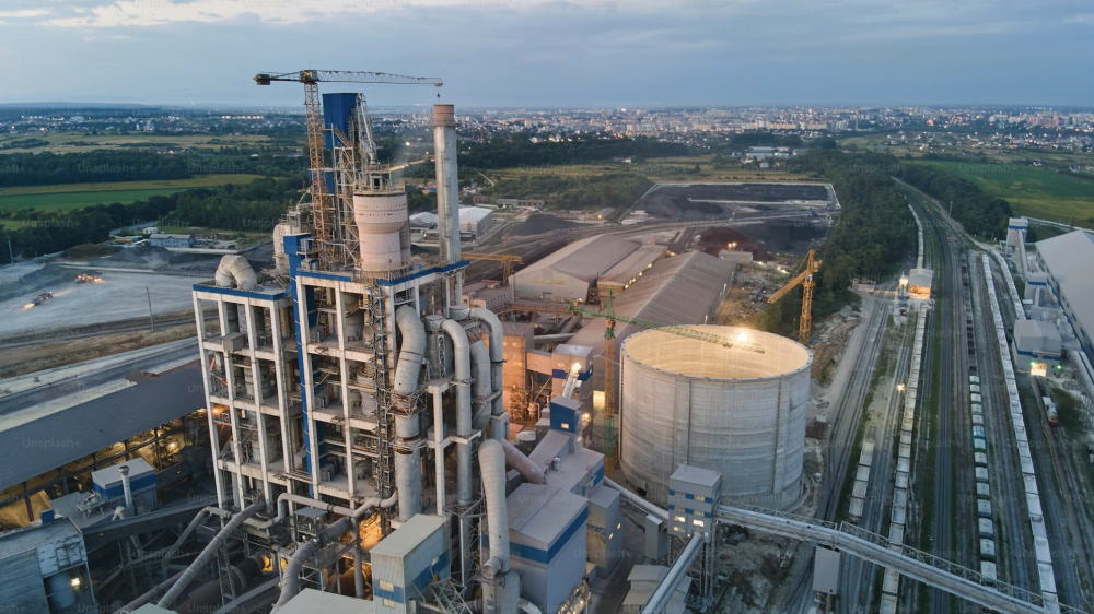 Aerial shot of a refinery in the evening