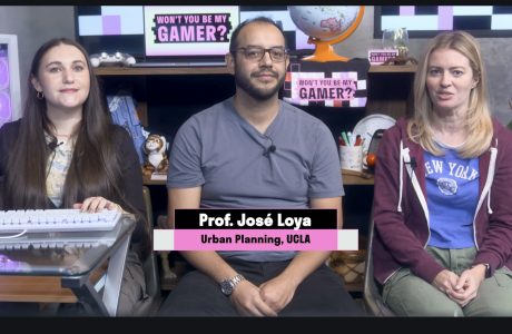 Assistant Professor José Loya sits between the two hosts of PBS SoCal’s Won’t You Be My Gamer? during the show’s gameplay and discussion.|Landscape of New York City