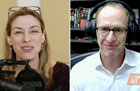 Split screen of host Kara of the It Turns Out Podcast with Mike Manville in headphones doing the interview on an episode of the podcast|Split screen of host Kara of the It Turns Out Podcast with Mike Manville in headphones doing the interview on an episode of the podcast|