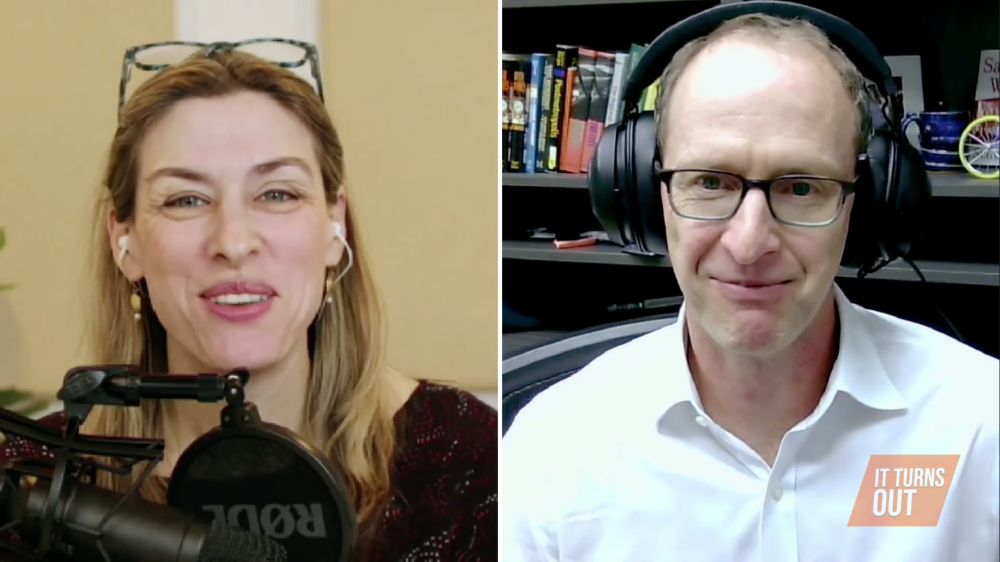 Split screen of host Kara of the It Turns Out Podcast with Mike Manville in headphones doing the interview on an episode of the podcast|Split screen of host Kara of the It Turns Out Podcast with Mike Manville in headphones doing the interview on an episode of the podcast|