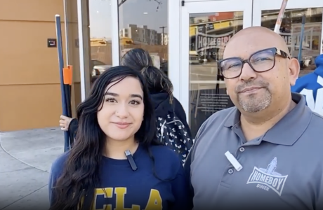 UCLA student Cianna and her father Cesar Ulloa stand in front of Homeboy Industries.|Old family photo of UCLA student Cianna and her father Cesar Ulloa former gang-member. They both went through programs at Homeboy Industries.|