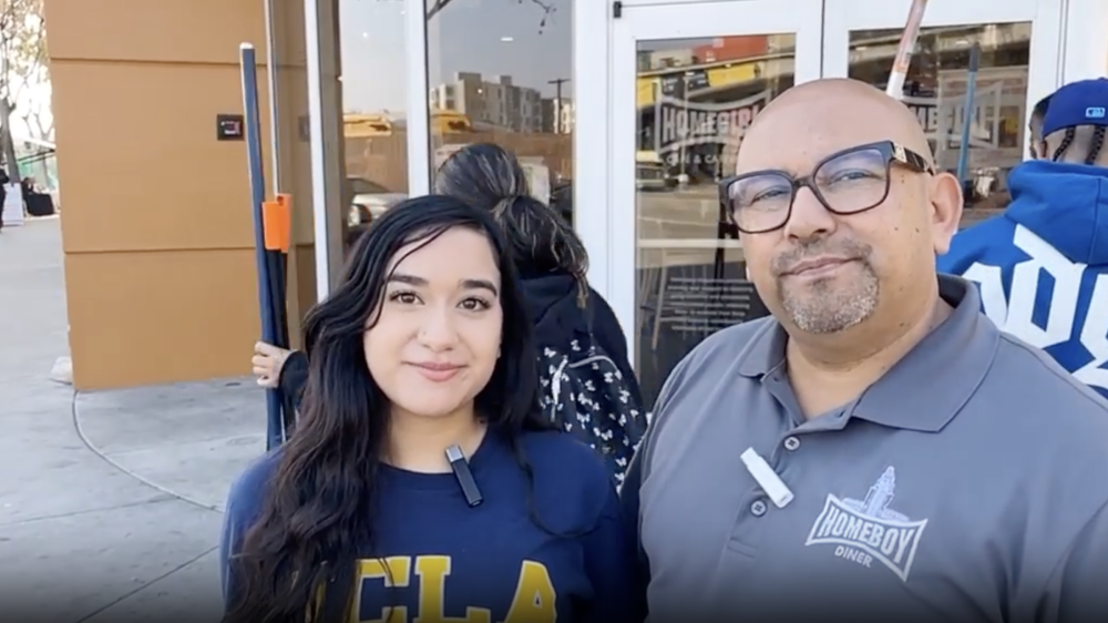 UCLA student Cianna and her father Cesar Ulloa stand in front of Homeboy Industries.|Old family photo of UCLA student Cianna and her father Cesar Ulloa former gang-member. They both went through programs at Homeboy Industries.|