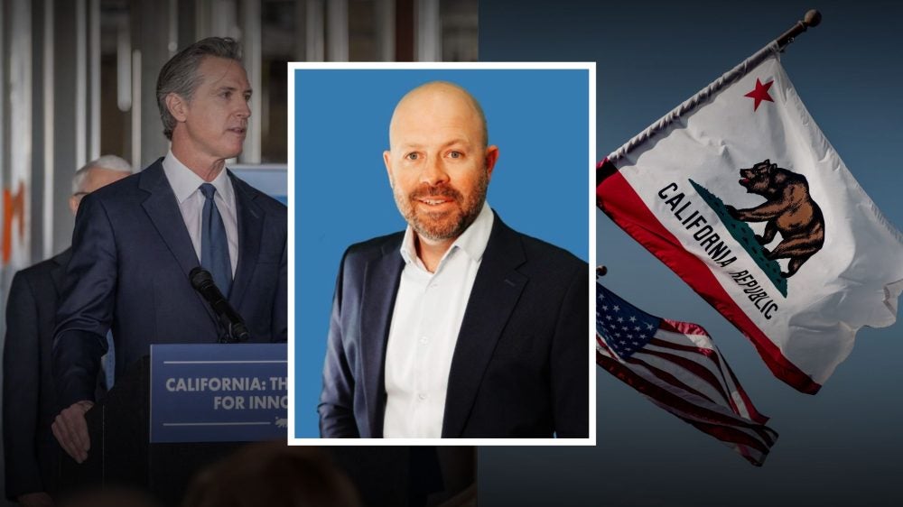 Photo of Governor Newsom on the left and the California flag on the right, with Sean Kennedy headshot in the center.