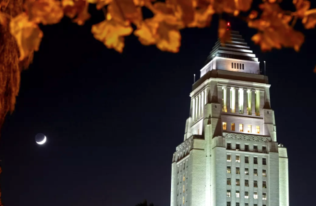 Top of L.A. City Hall at night