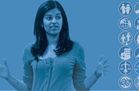 Image of Professor Shah speaking and gesturing with her hands with a blue overlay.
