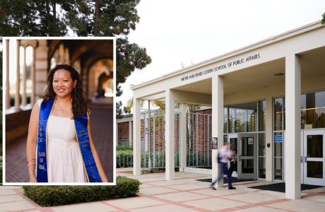 Headshot of student Sophia Wang over a landscape photo of the Public affairs building at UCLA|Headshot of public affairs major Sophia Wang on the left over a landscape photo of the Luskin School of public affairs building at UCLA