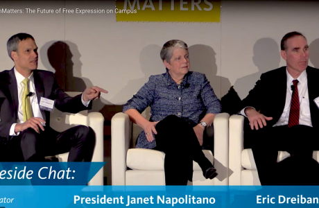 UCLA Luskin public policy professor John Villasenor, left, with UC President Janet Napolitano and Assistant Attorney General Eric Dreiband.