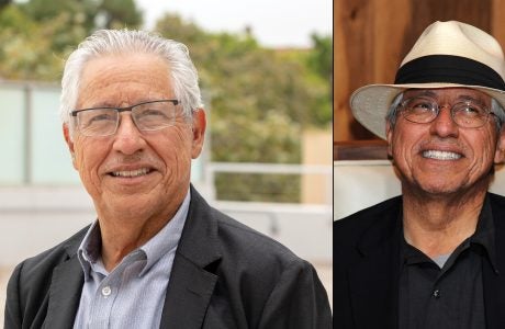 side by side portraits of man with white hair and glasses in which he wears a fedora in one shot|family photos show siblings as children and adults