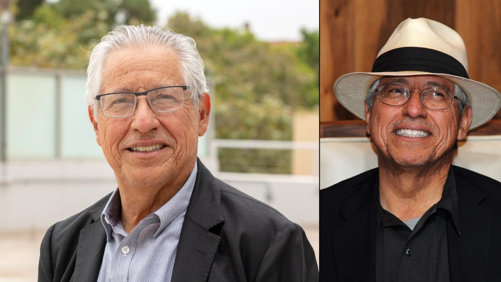 side by side portraits of man with white hair and glasses in which he wears a fedora in one shot|family photos show siblings as children and adults