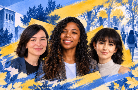 Illustrated collage featuring UCLA Luskin alumni Selene Betancourt, Victoria Copeland and Sara Wilf, from left to right, against a UCLA campus backdrop with blue and gold brushstrokes, highlighting their advocacy for stronger protections against technology-facilitated sexual harassment.