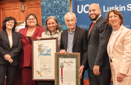 L-R: Anastasia Loukaitou-Sideris, interim dean of the Luskin School of Public Affairs, L.A. City Council memeber Eunisses Hernandez, Jorge Ramos, author and journalist, Amada Armenta, associate faculty director of the Latino Policy and Politics Institute, Assemblymember Isaac Bryan and Cecilia Estolano gather as Ramos is honored by the city of Los Angeles and the State of California