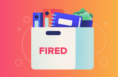 Illustration of box marked "Fired," filled with notebooks