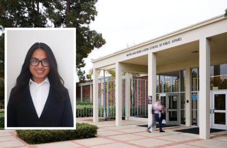 Headshot of UCLA student Tristhan Lim over a landscape shot of the public affairs building at UCLA.||||||||Tristhan Lim