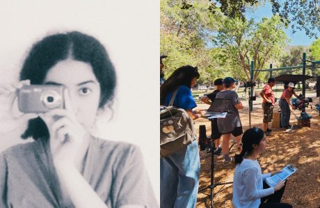 On the left is a headshot of Mehra holding a camera in front of her left eye, obstructing her face, this is a black and white photo. On the right, is a photo of her on a tv or movie set.