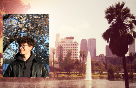 headshot of Masters in urban and regional planning student Paul Louboutin overlay a shot of macarthur park and the lake.