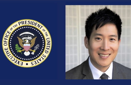 white house seal and photo of man