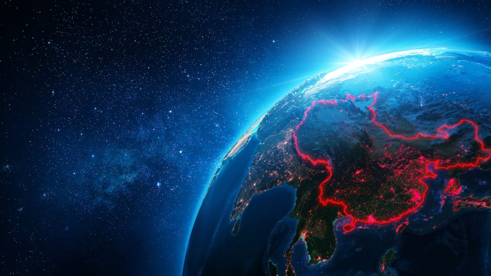 stock photo represents China outlined on a globe as seen from space