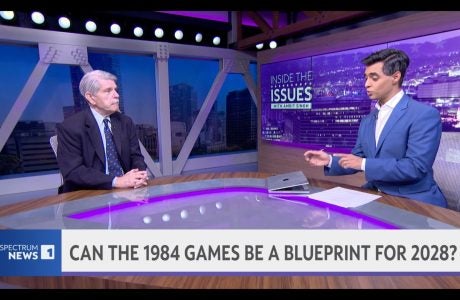 Zev Yaroslavsky apearing on “Inside the Issues“ news segment with Amrit Singh on Spectrum News 1. They sit across from each other on the tv news set.