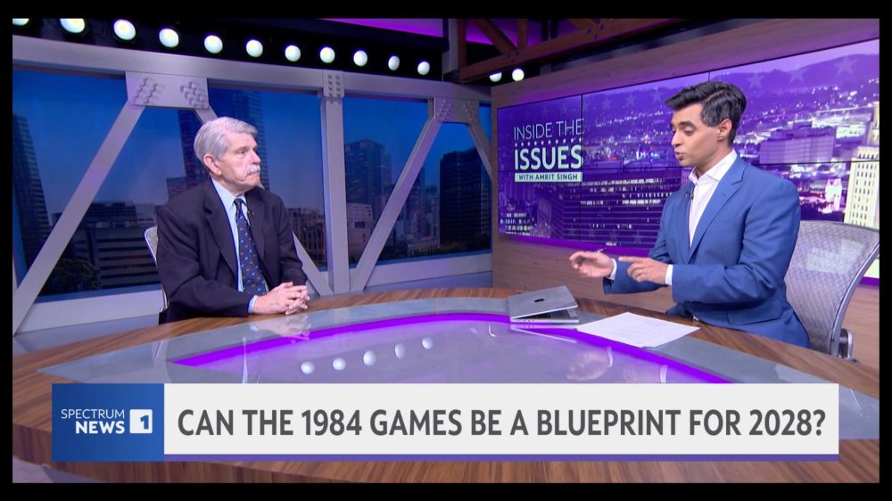 Zev Yaroslavsky apearing on “Inside the Issues“ news segment with Amrit Singh on Spectrum News 1. They sit across from each other on the tv news set.