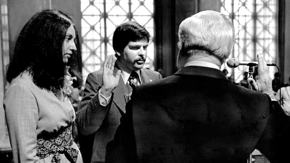 Zev Yaroslavsky is sworn in as a newly elected L.A. City Council member in 1975, with wife Barbara at left. Photo by Bill Varie / Los Angeles Times