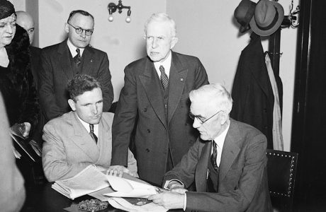 Francis Townsend, right, meets with other pension advocates in Congress in 1935. Photo courtesy of Library of Congress