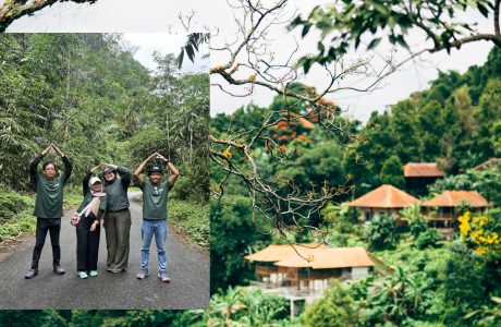 Anastasia stand with her 3 colleagues in Bamboo Village Trust (BVT), a Bali-based NGO on a dirt road in the forest.