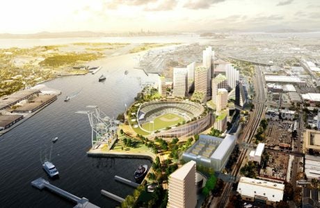 Aerial view rendering of the proposed Oakland A's stadium in the Port of Oakland