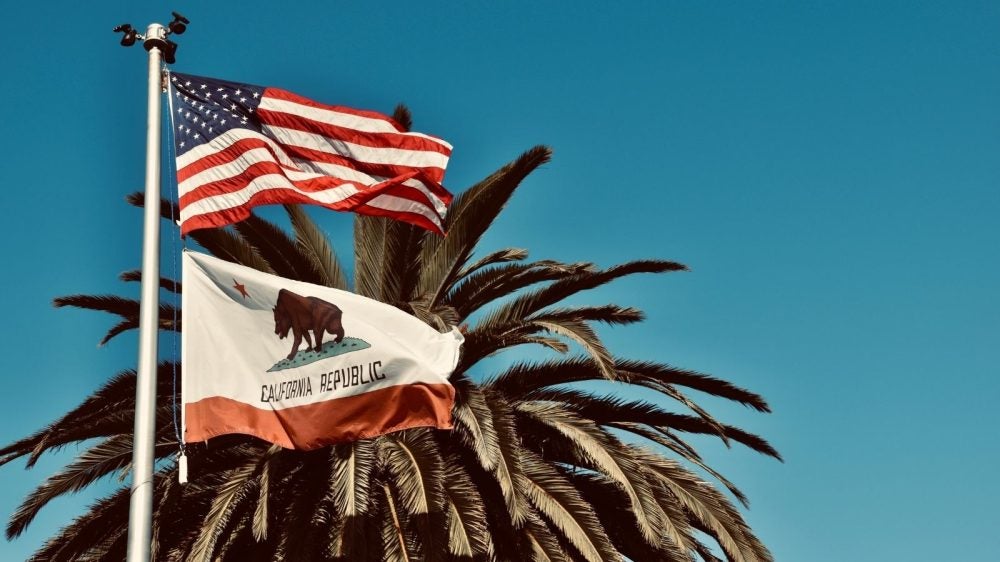 American flag and the California flag flying on a flag pole in front of a palm tree