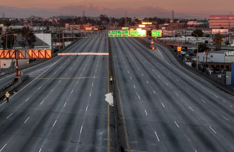 empty stretch of freeway in Los Angeles at dawn