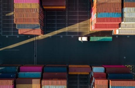 Aerial shot of a shipping yard at the Port of Long Beach. Photo by iStock.com/halbergman